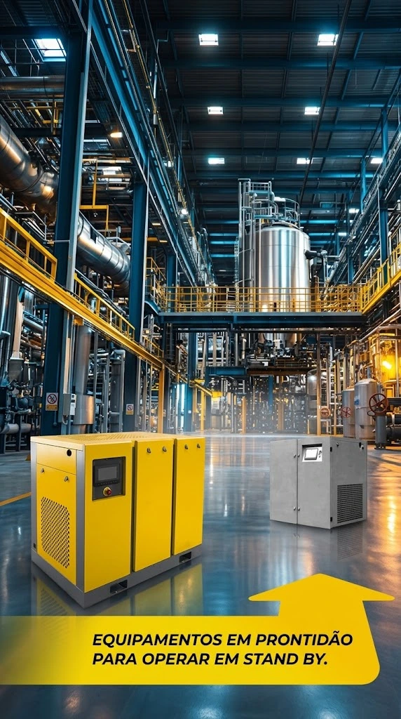 Compressores de ar elétricos isentos de óleo em prontidão para operar em stand-by dentro de planta industrial