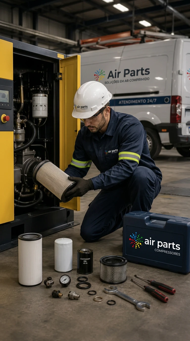 Técnico realizando manutenção em compressor de ar industrial - Air Parts