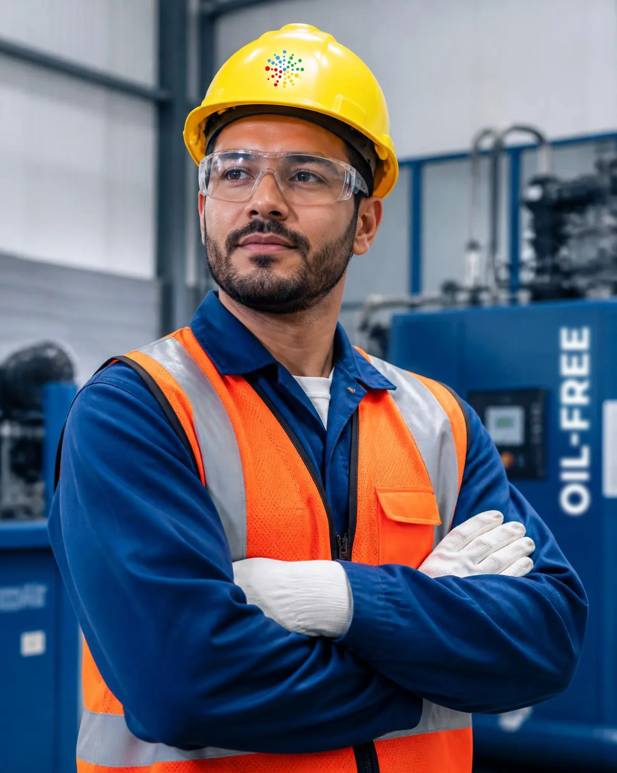 Técnico de compressor de ar industrial com EPIs da Air Parts